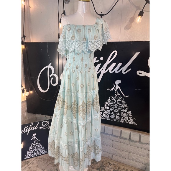 Boho Mint Green Maxi Dress Off Shoulder Ruffle Lace Print Smocked Waist‎ Size S - Picture 6 of 7